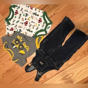 Wrangler overalls BUNDLE w/ John deere shirts button bottom. 3-6 Months. Western